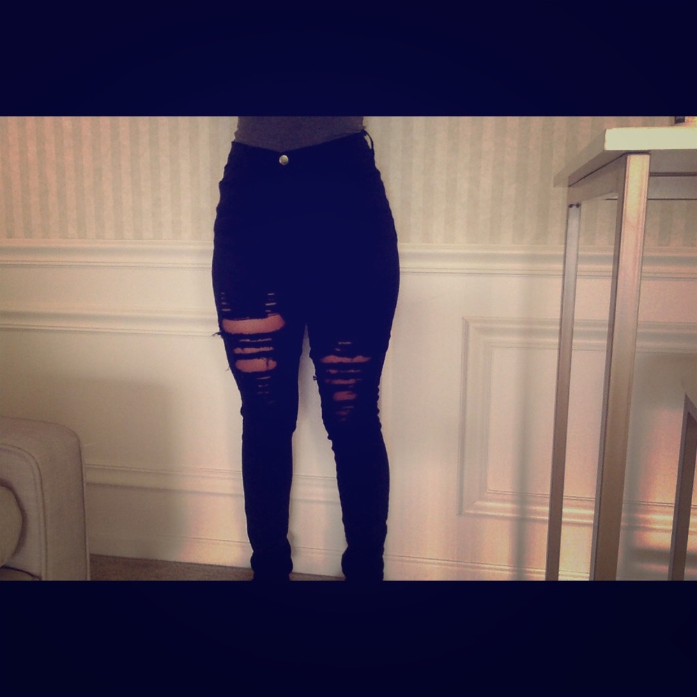 Distressed black high waist skinny jeans